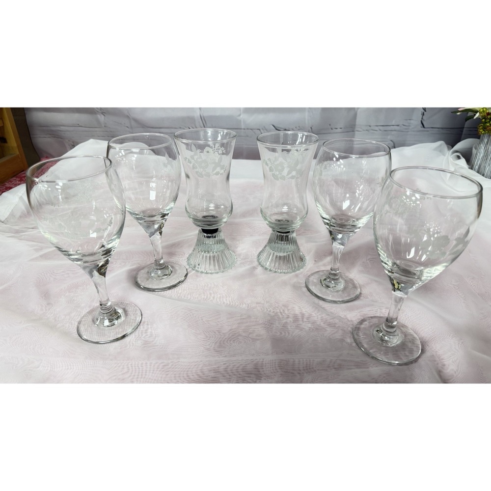 Vintage Etched Hummingbird Wine/Water Glasses Set of 4 7.5 Inches & 2 Votives
